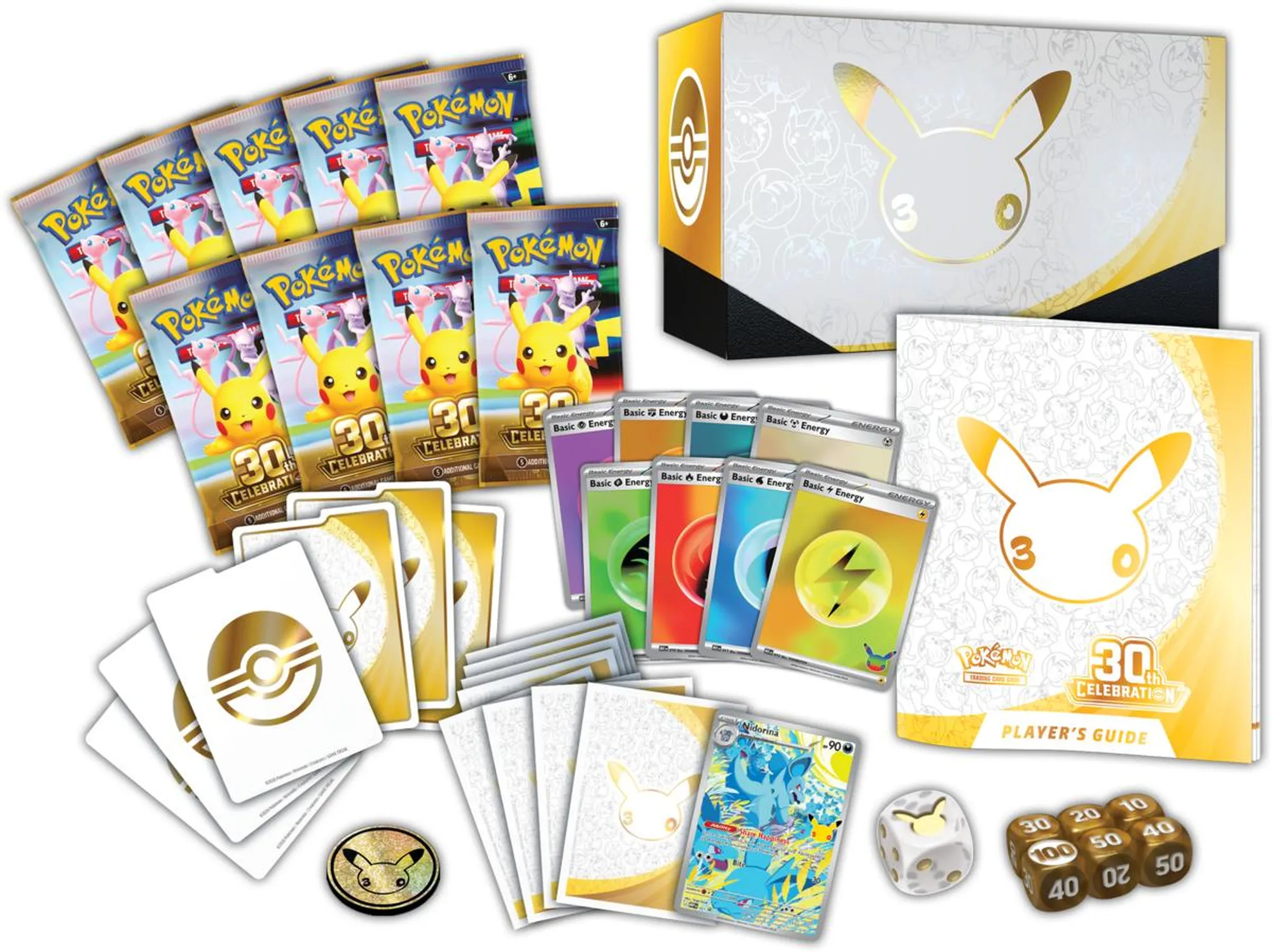 Pokémon TCG: 30th Celebration – obsah balení s boostery, energiemi, kostkami a příručkou
