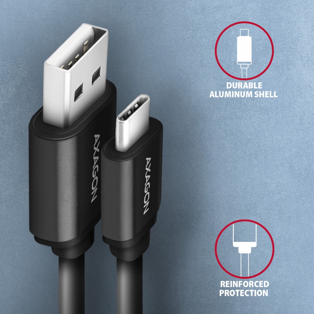 AXAGON BUCM-AM10TB – detail hliníkových konektorů USB-A a USB-C