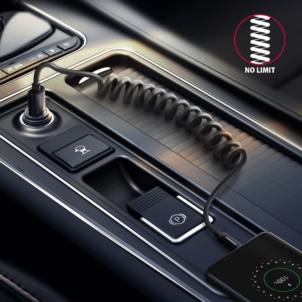 AXAGON BUCM-AM10TB – spirálový kabel v autě, nabíjení telefonu na 100 %
