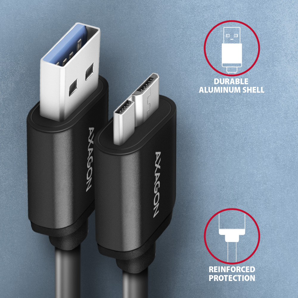 AXAGON BUMM3-AM10AB – detail hliníkových konektorů USB-A a Micro-B