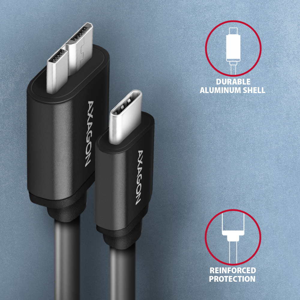 AXAGON BUMM3-CM10AB – detail hliníkových konektorů USB-C a Micro-B