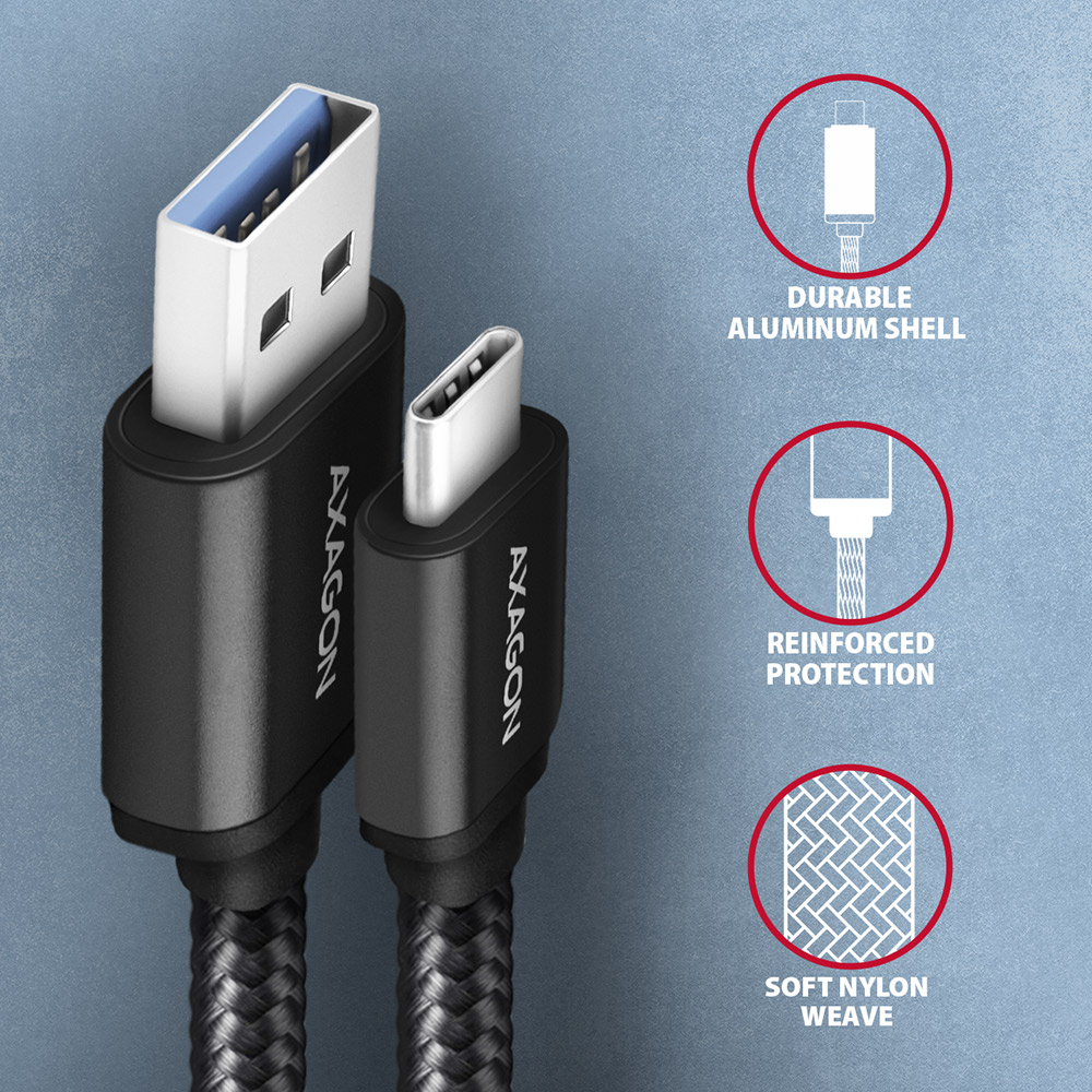Detail konektorů USB-A a USB-C – hliníkový plášť, zesílené vývody a nylonový oplet kabelu