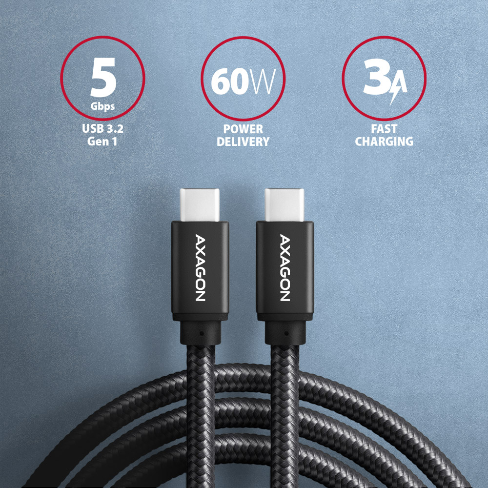 AXAGON BUCM3-CM20AB – opletený kabel se dvěma konektory USB-C, 5 Gbps, 60W Power Delivery a 3A rychlonabíjení