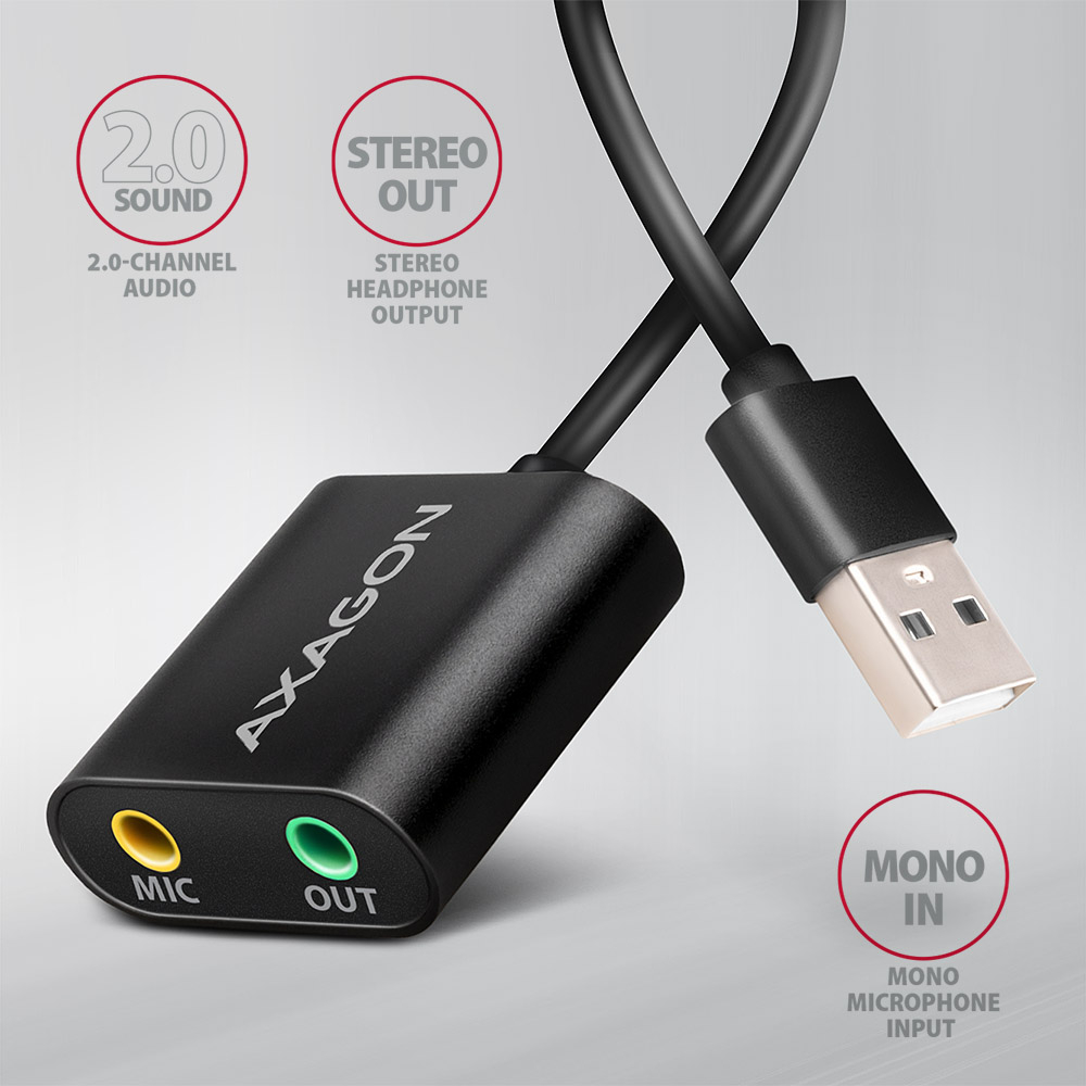 AXAGON ADA-12 – USB-A zvuková karta so žltým vstupom MIC a zeleným výstupom OUT
