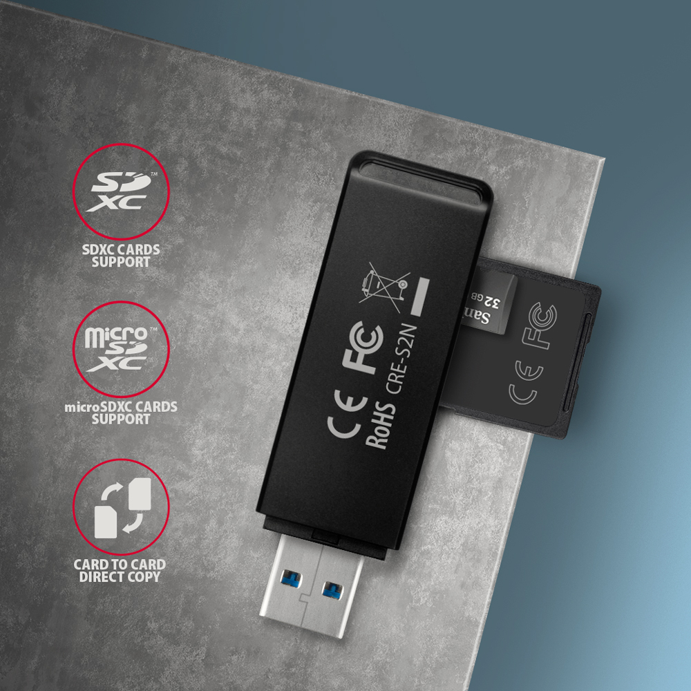 Sloty SD a microSD čtečky AXAGON CRE-S2N s podporou SDXC a přímého kopírování mezi kartami