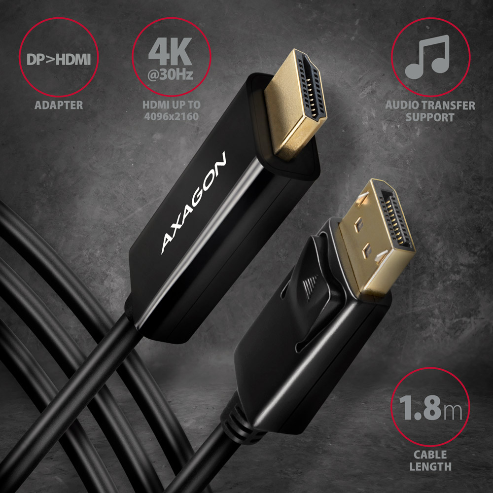 AXAGON RVD-HI14C2 – aktivní kabel DisplayPort na HDMI, 1,8 m
