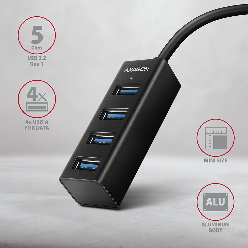 AXAGON HUE-M1AL – hliníkový USB hub se čtyřmi porty USB-A