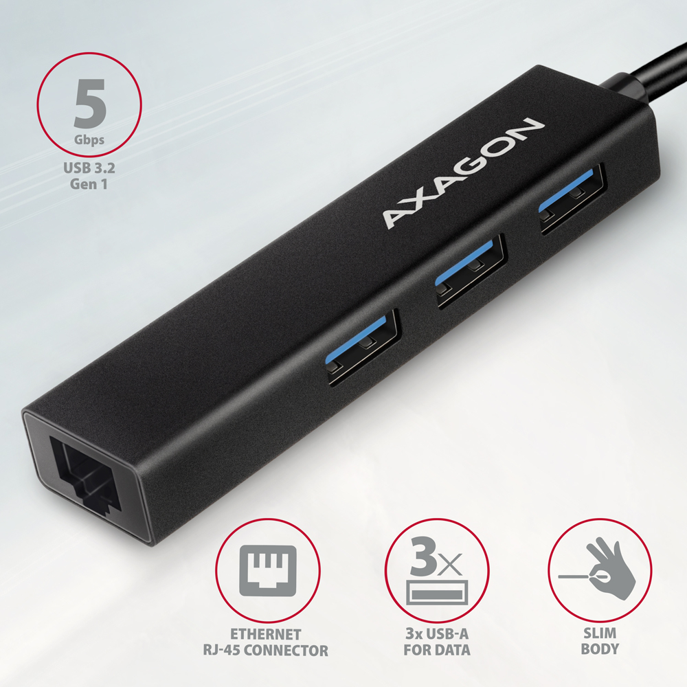 AXAGON HMC-GL3A – hliníkový hub se 3 porty USB-A a gigabitovým LAN