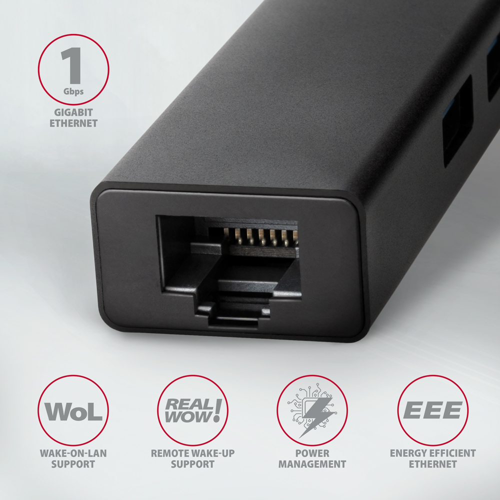 Gigabitový RJ-45 port hubu AXAGON HMC-GL3A s podporou Wake-on-LAN