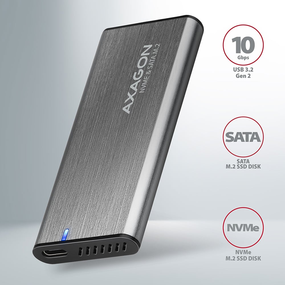 AXAGON EEM2-SG2 – titanově stříbrný USB-C box pro NVMe i SATA M.2 SSD