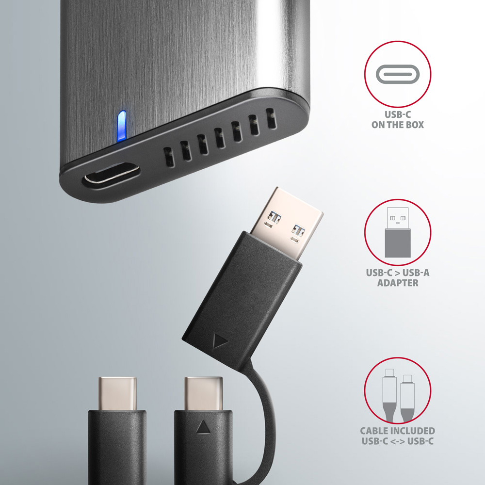 Přiložený kabel USB-C na USB-C a adaptér USB-C na USB-A pro AXAGON EEM2-SG2
