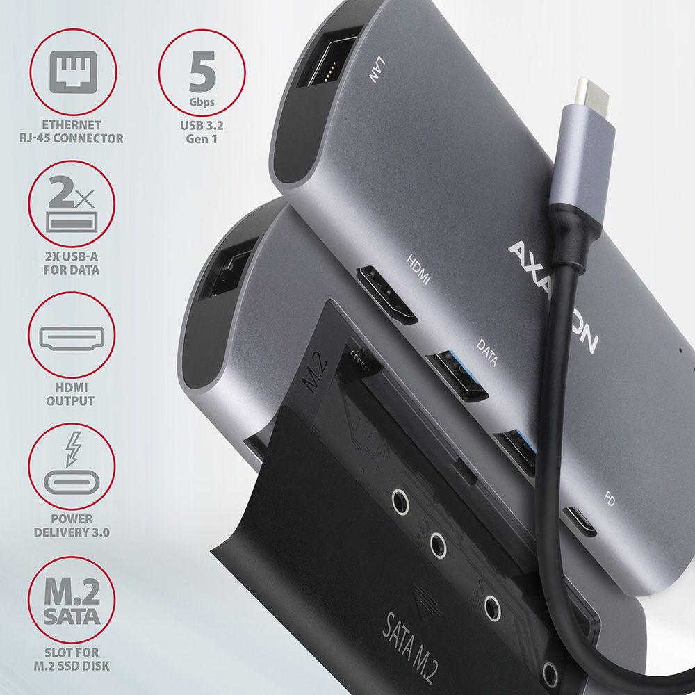 AXAGON HMC-6M2 – porty LAN, HDMI, USB-A, PD a otevřený M.2 SATA slot