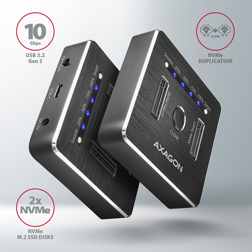 Dvě dokovací stanice AXAGON ADSA-M2C se dvěma sloty pro NVMe SSD