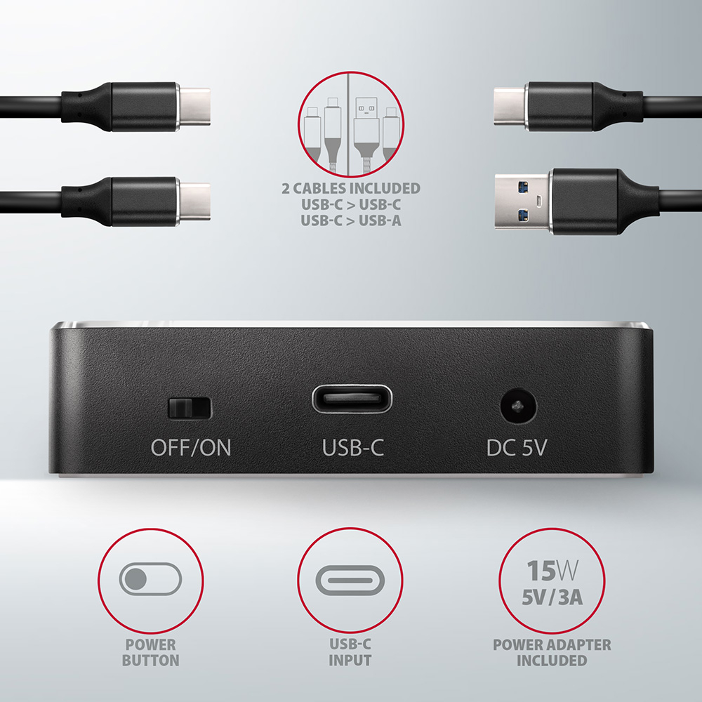 Přiložené USB-C a USB-A kabely, napájecí adaptér a přepínač Off/On