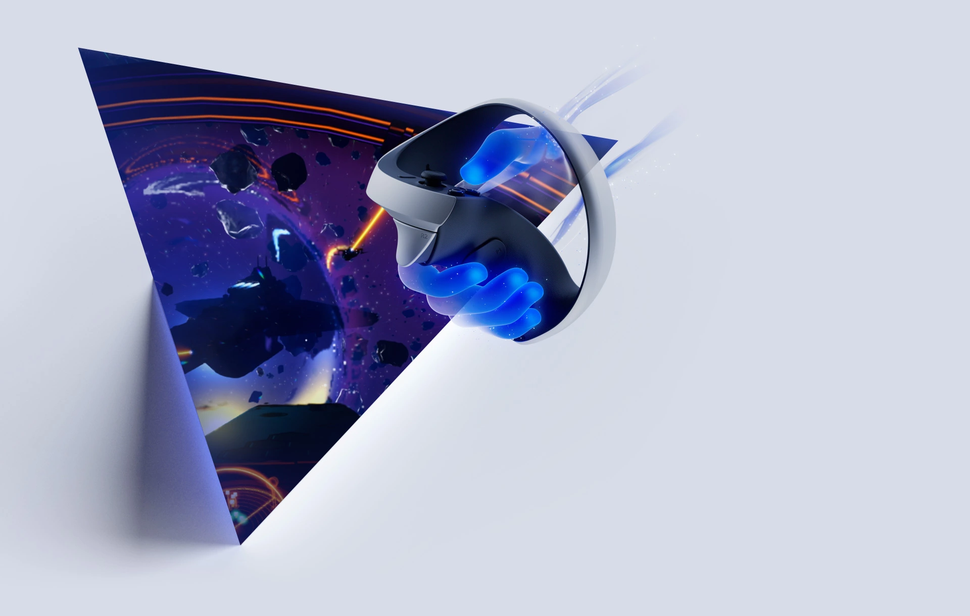 Ovladač PS VR2 Sense s haptickou odezvou v ruce hráče