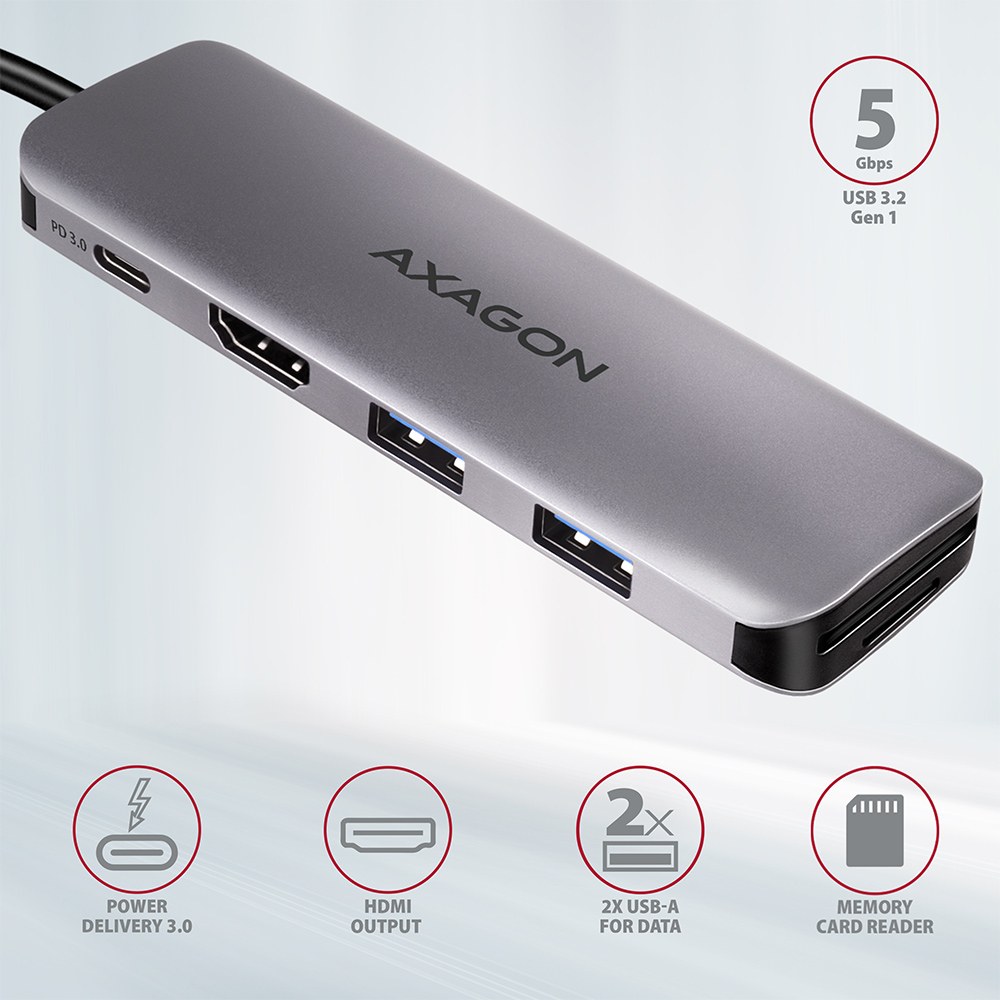 AXAGON HMC-5 – přehled portů PD, HDMI, 2× USB-A a čtečky karet