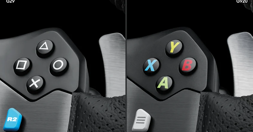 Tlačítka PlayStation na volantu G29 a Xbox na volantu G920