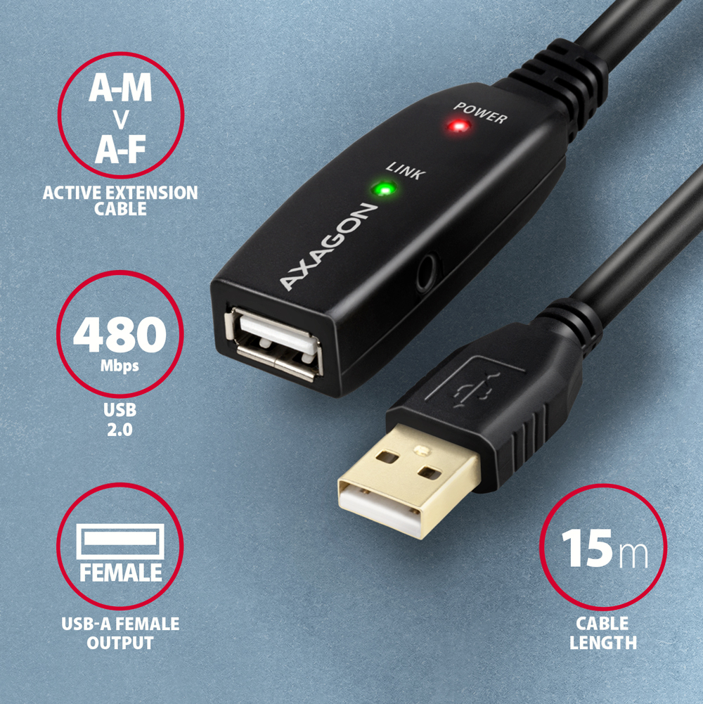 AXAGON ADR-215 – přehled technických parametrů: 480 Mb/s, USB-A female výstup, 15 m
