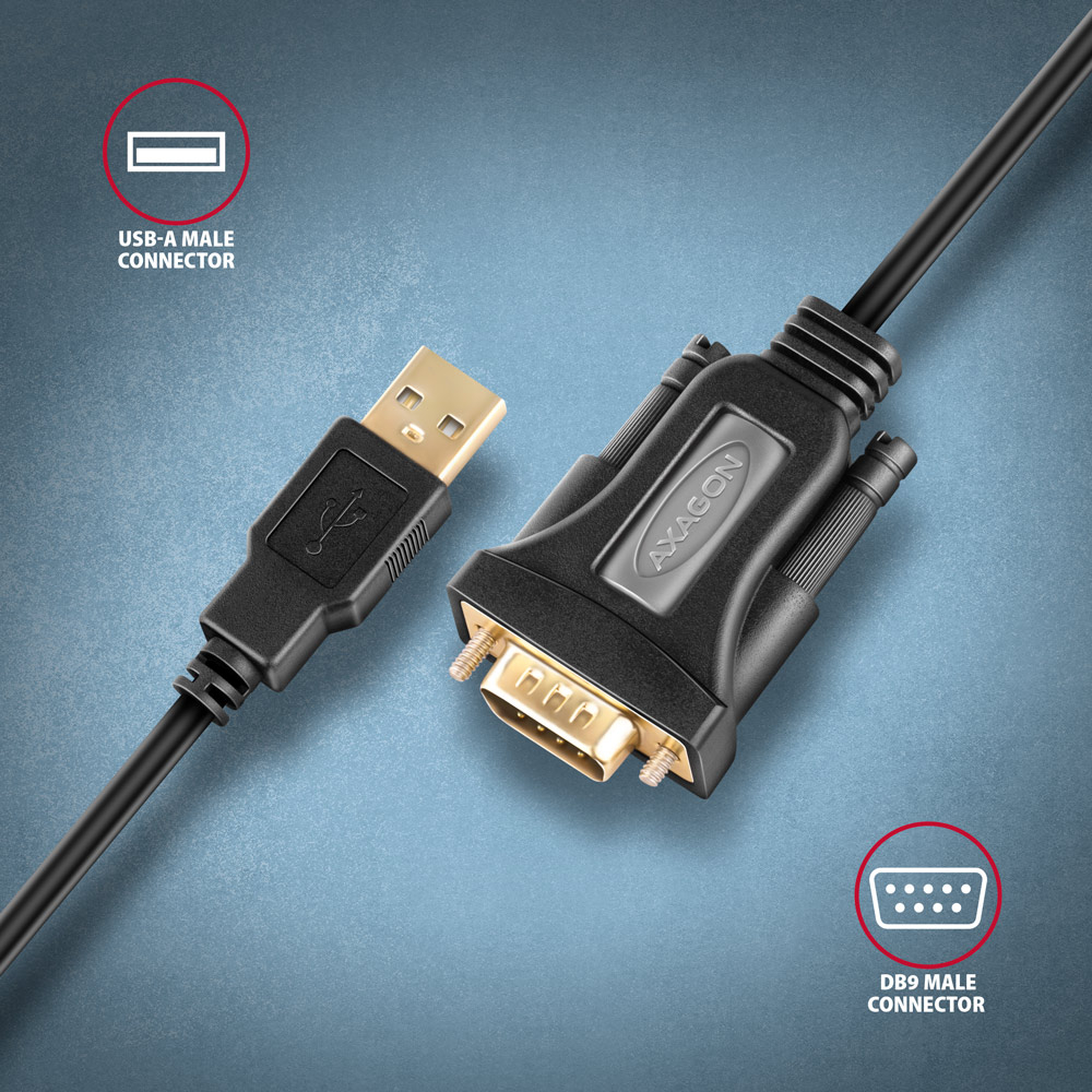 AXAGON ADS-1PQN – konektory USB-A a DB9 s pozlacenými kontakty