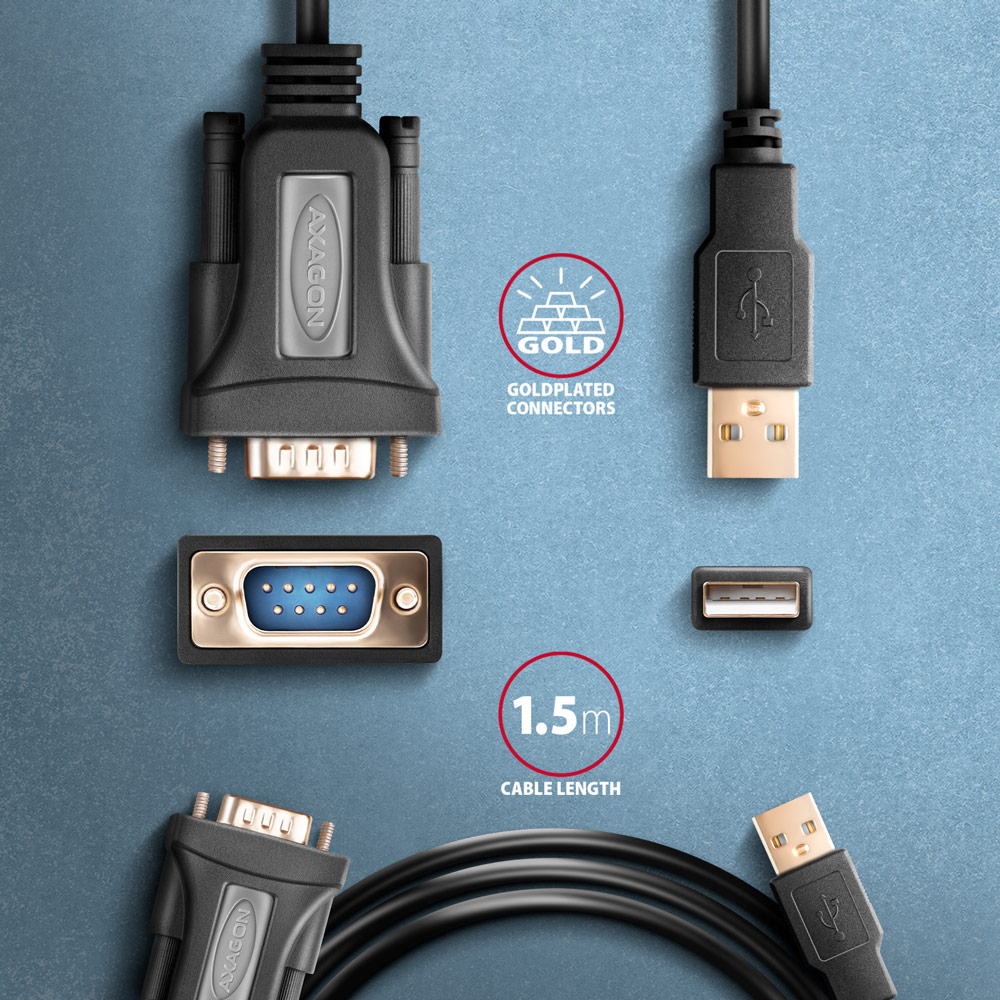 AXAGON ADS-1PQN – pozlacené konektory USB-A a DB9, délka kabelu 1,5 metru