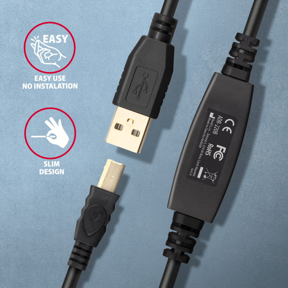 AXAGON ADR-220B – konektory USB-A male a USB-B male aktivního kabelu