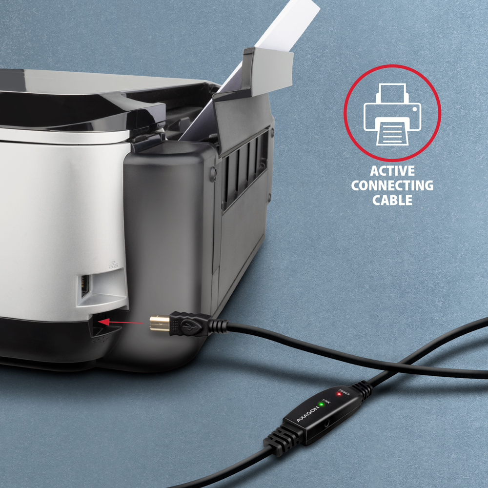 AXAGON ADR-210B připojený k tiskárně pomocí aktivního USB kabelu