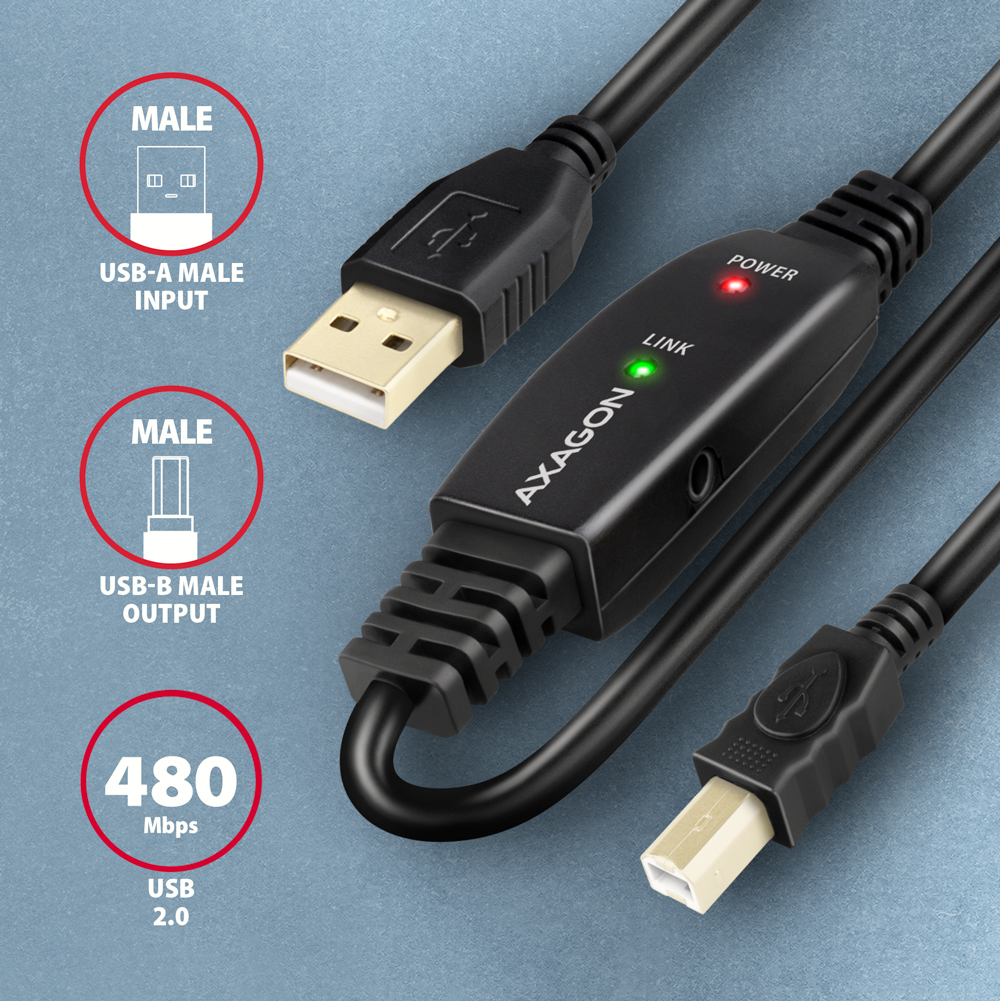Konektor USB-A (M) a USB-B (M) kabelu AXAGON ADR-210B s vyznačením rychlosti 480 Mb/s