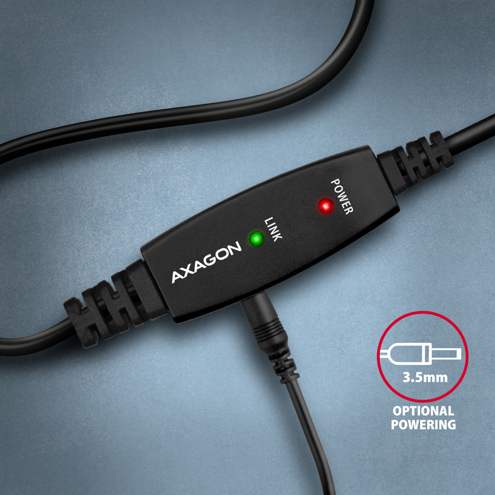 LED kontrolky Power a Link a konektor pro volitelné externí napájení 3,5 mm