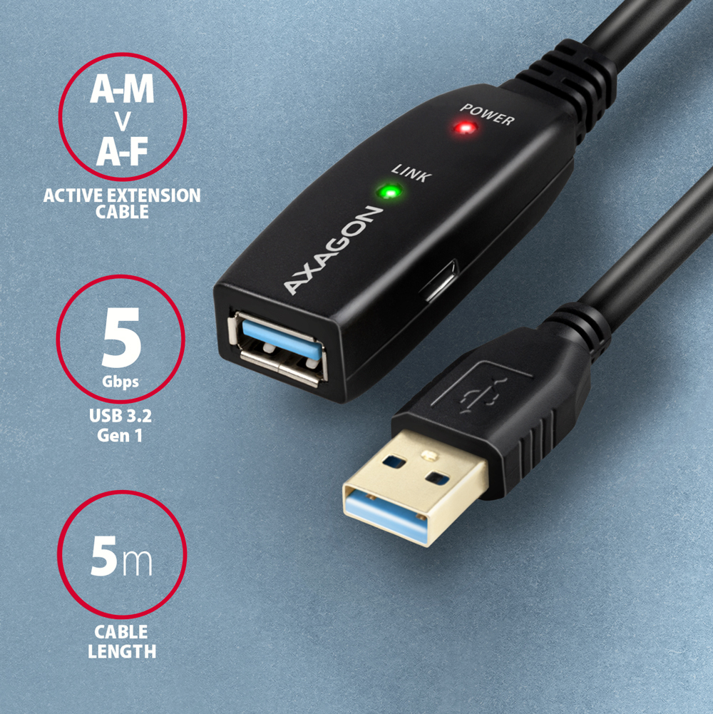 Konektory USB-A (M) a USB-A (F) kabelu AXAGON ADR-305 s vyznačením rychlosti 5 Gbps a délky 5 m