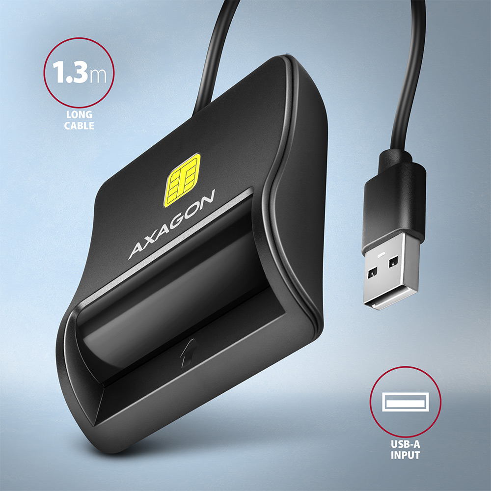 AXAGON CRE-SM3N – stolní čtečka čipových karet s USB-A konektorem a 1,3m kabelem
