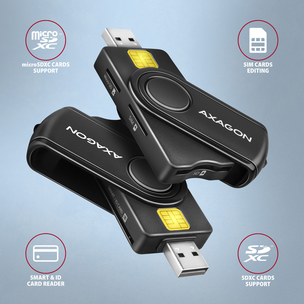 Otočný design čtečky AXAGON CRE-SMP2A se slotem SIM/microSD a SD/Smart kartu