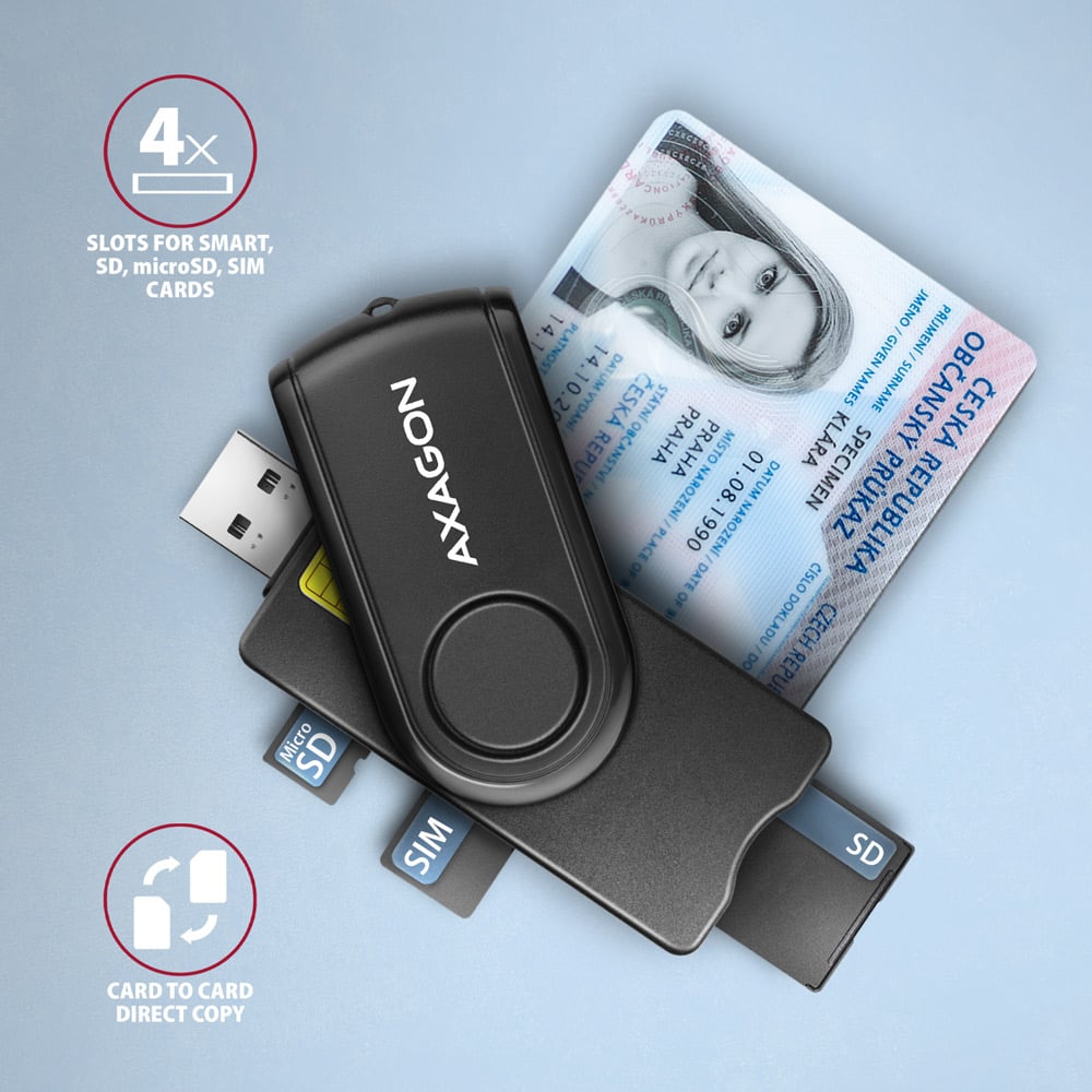 Čtyři sloty čtečky AXAGON CRE-SMP2A pro Smart/ID, SD, microSD a SIM karty