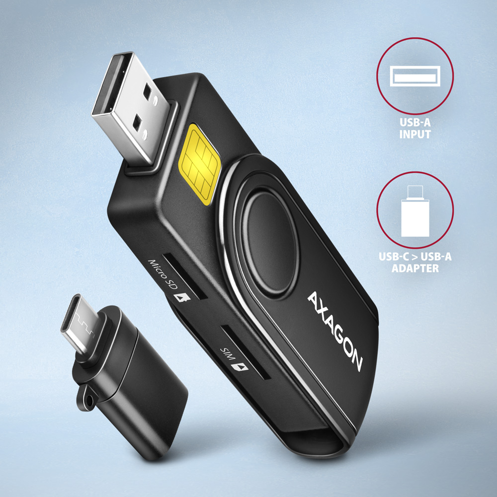 AXAGON CRE-SMP2A s přiloženým redukčním adaptérem USB-C na USB-A