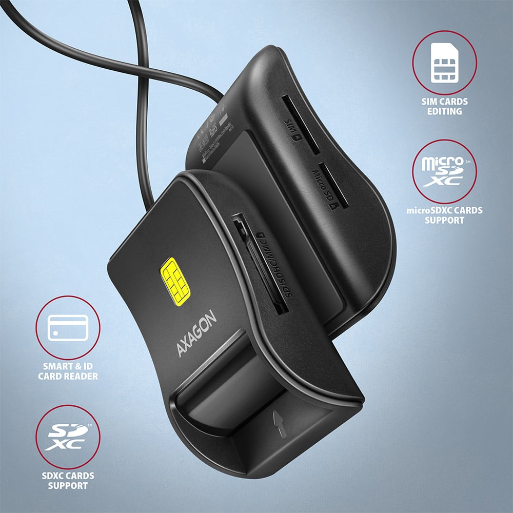 AXAGON CRE-SM3SD – kompaktní stolní čtečka s podporou SIM, microSDXC, SDXC a smart karet