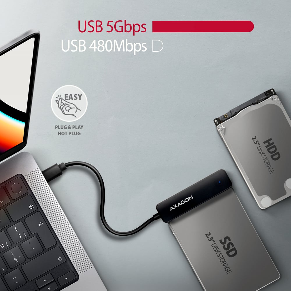 AXAGON ADSA-FP2C v praxi – notebook připojený k SSD a HDD disku