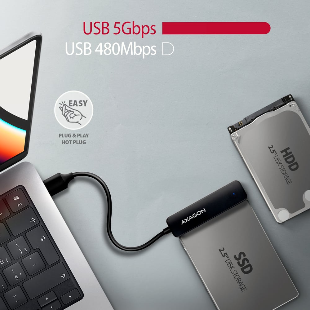 AXAGON ADSA-FP2A v praxi – notebook připojený k SSD a HDD disku