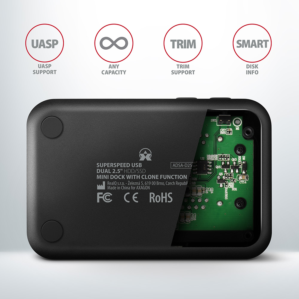 AXAGON ADSA-D25 – zadní panel s konektorem USB Micro-B, napájením a tlačítky