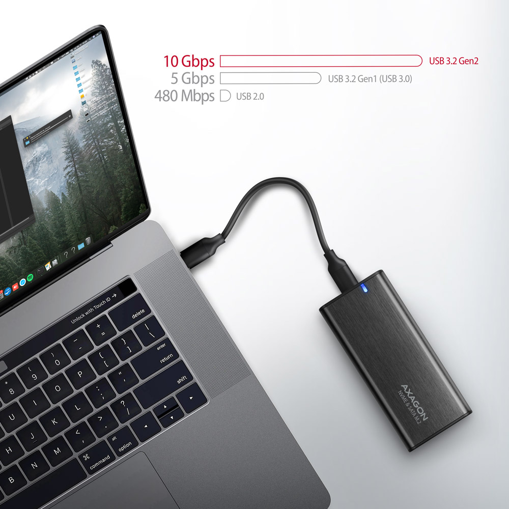 AXAGON EEM2-SB2 připojený k notebooku MacBook, porovnání rychlostí USB rozhraní