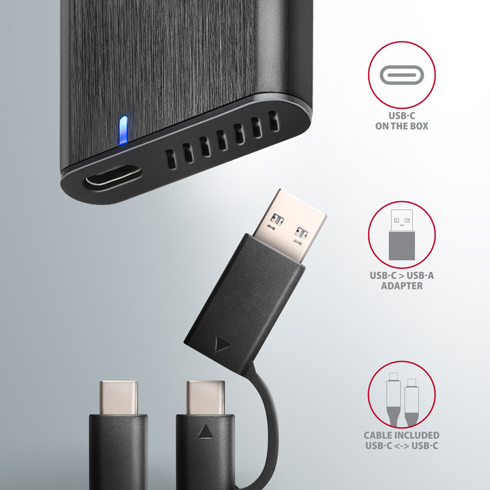 Obsah balení AXAGON EEM2-SB2 – USB-C kabel a redukce na USB-A
