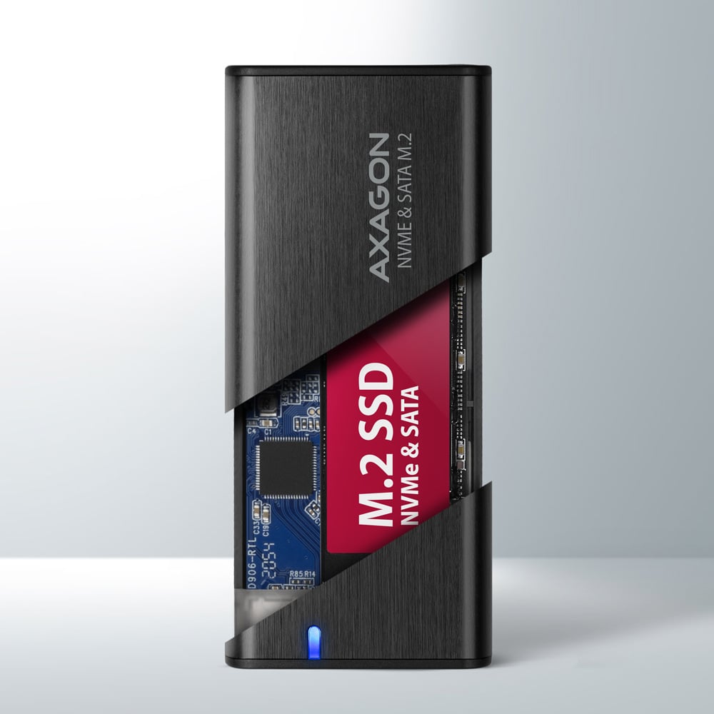 AXAGON EEM2-SB2 – otevřený box s vloženým M.2 SSD diskem NVMe i SATA