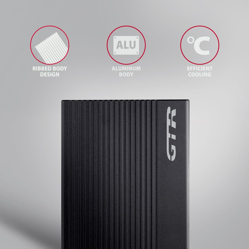 AXAGON EE25-GTR – detail žebrovaného hliníkového těla boxu
