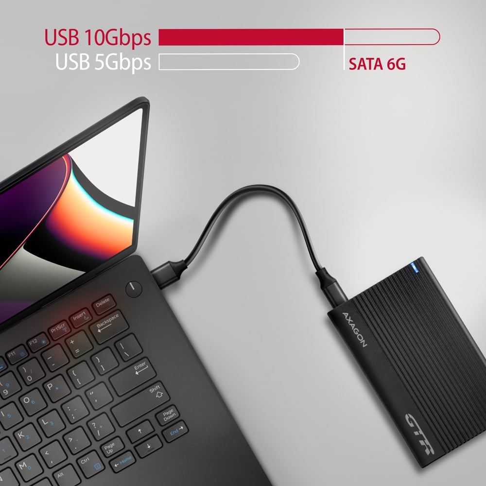 AXAGON EE25-GTR připojený k notebooku, porovnání rychlostí USB a SATA rozhraní
