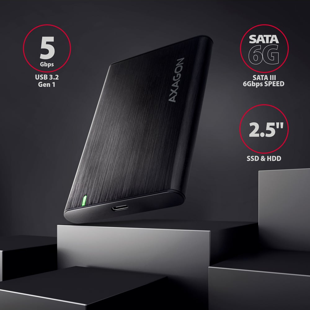AXAGON EE25-A6C – box s vyznačenými parametry USB 5 Gbps, SATA 6G a podporou 2.5palcových disků