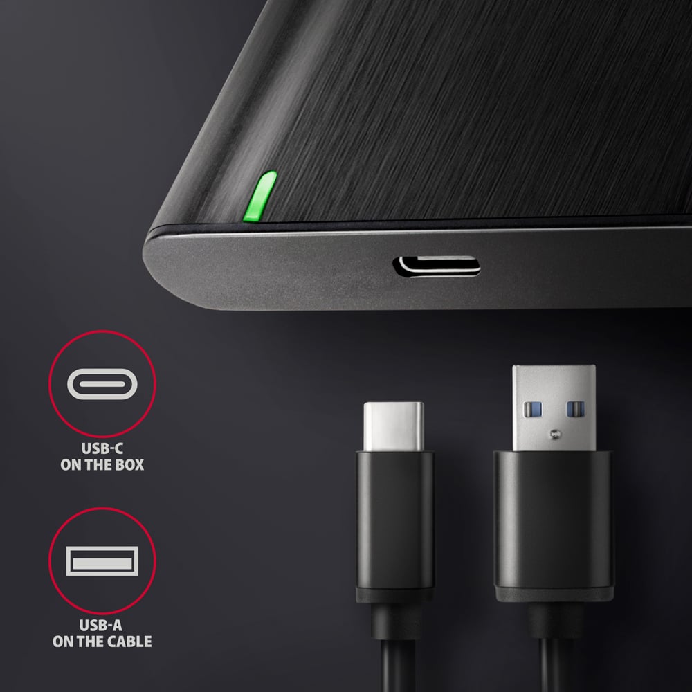 Obsah balení AXAGON EE25-A6C – USB-C port, LED indikátor a přiložený kabel