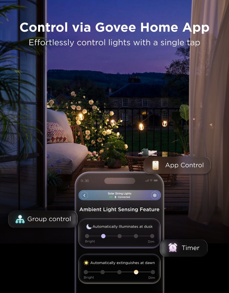 Govee RGBICW Smart solární zahradní řetěž z 8 žárovek