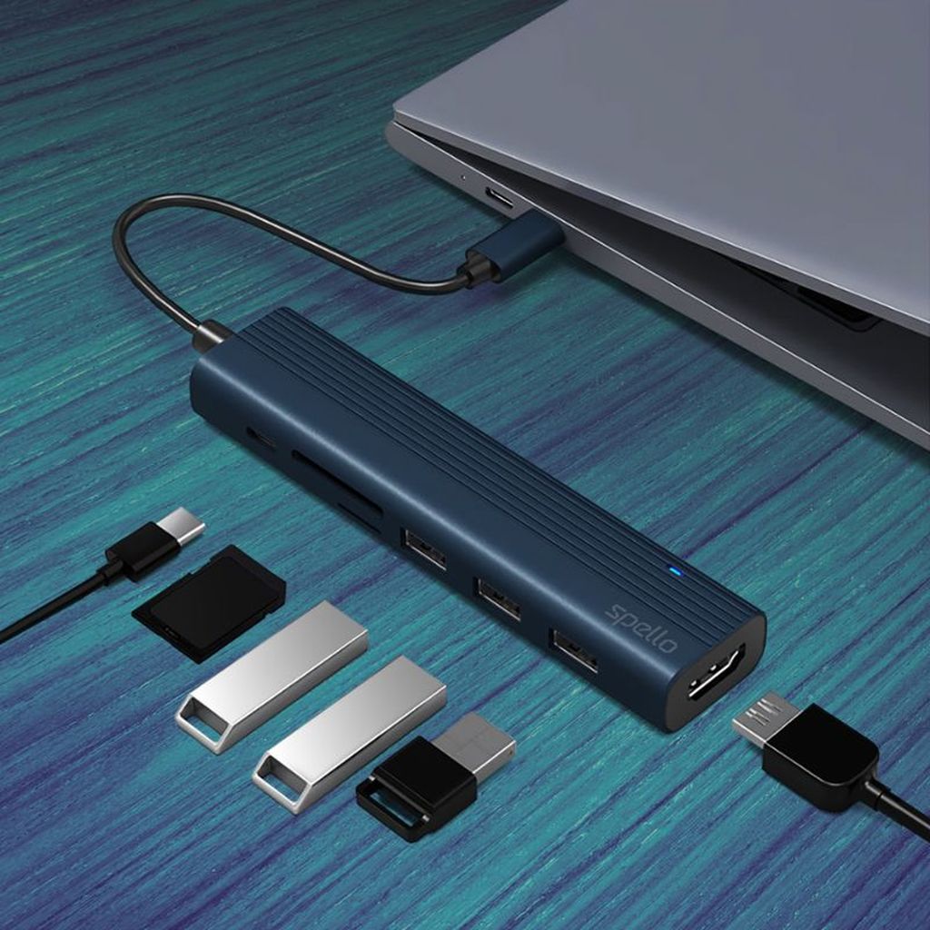 Spello USB-C Hub Slim 7v1, 100W USB-C PD, 3× USB-A, HDMI, slot na SD/TF kartu temně inkoustový