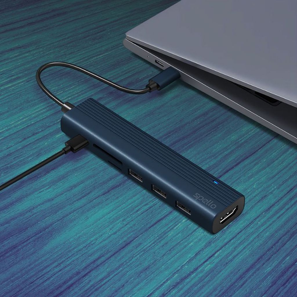 Spello USB-C Hub Slim 7v1, 100W USB-C PD, 3× USB-A, HDMI, slot na SD/TF kartu temně inkoustový