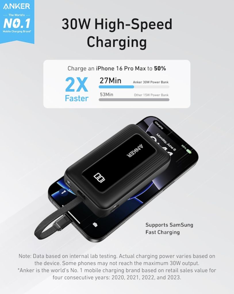 Anker Zolo powerbanka (10000mAh) 30W, s kabelem USB-C černá
