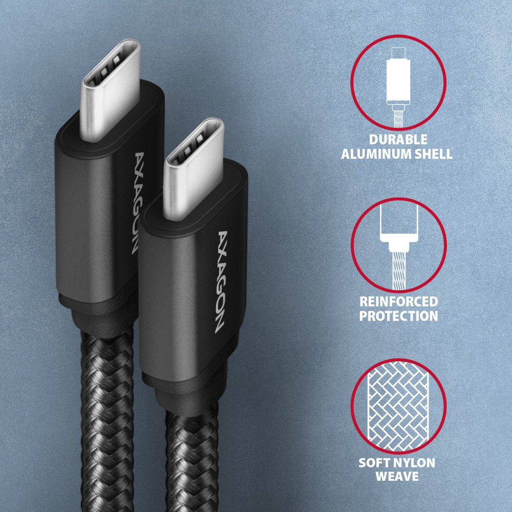 Detail hliníkových konektorů a nylonového opletu kabelu AXAGON BUCM3-CM30AB