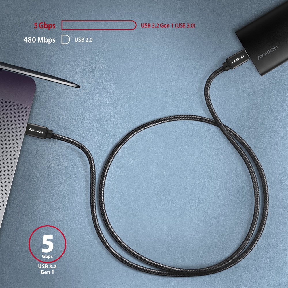 Datový přenos USB 3.2 Gen 1 mezi notebookem a externím diskem přes kabel AXAGON BUCM3-CM30AB